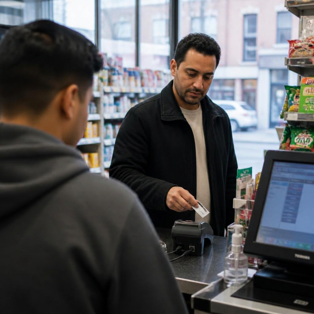 View from behind a convenience store clerk as a customer pays with a card at the checkout terminal
